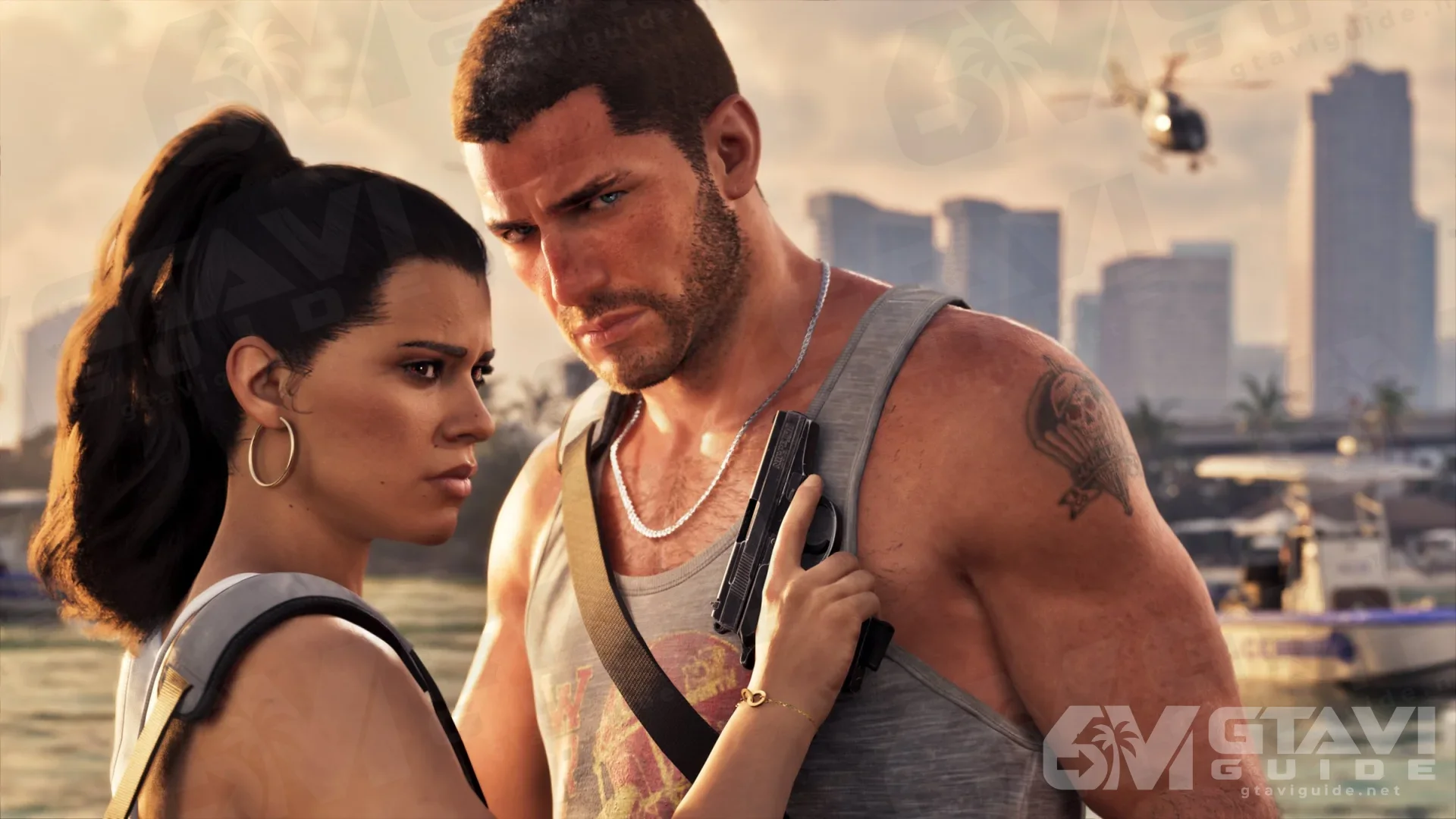 Lucia and Jason, pistol in hand, by the harbour with skyscrapers and a helicopter behind them
