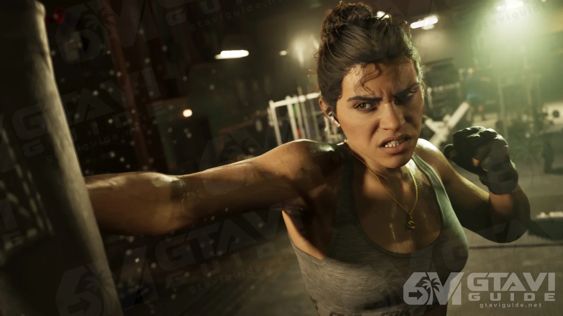 Lucia punching a heavy bag.