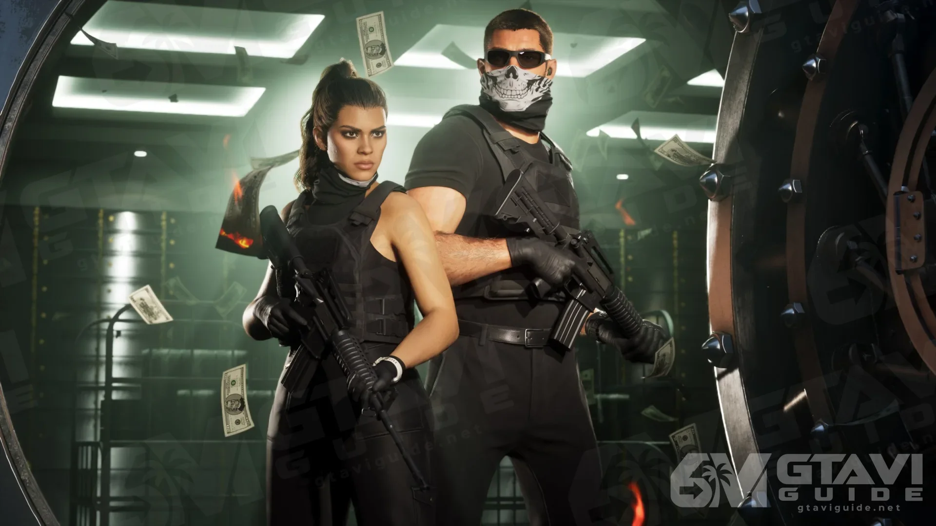 Lucia and a masked Jason with rifles inside a bank vault, banknotes flying around them