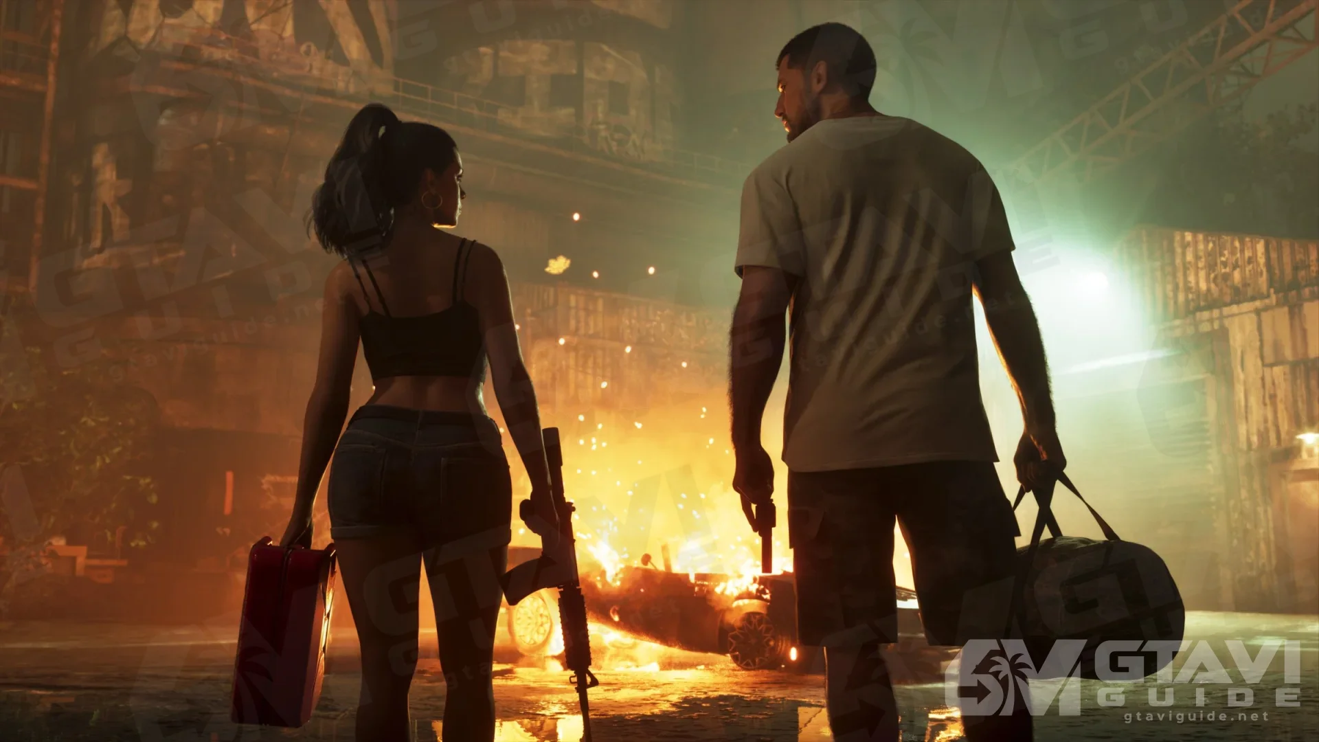 Jason and Lucia seen from behind in front of a burning wreck; Lucia holds a fuel can and a rifle, Jason a duffel bag