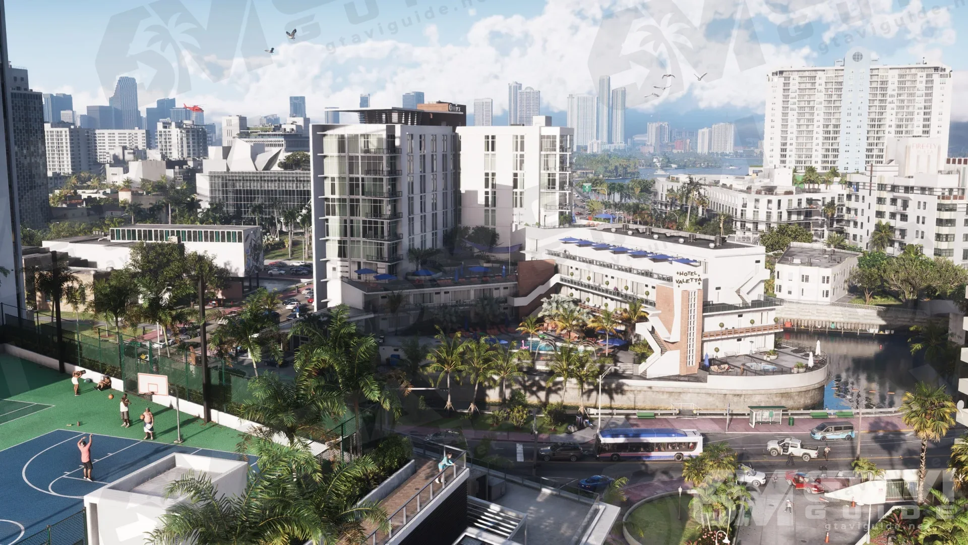 Aerial view of Vice City with basketball courts, hotels and a canal
