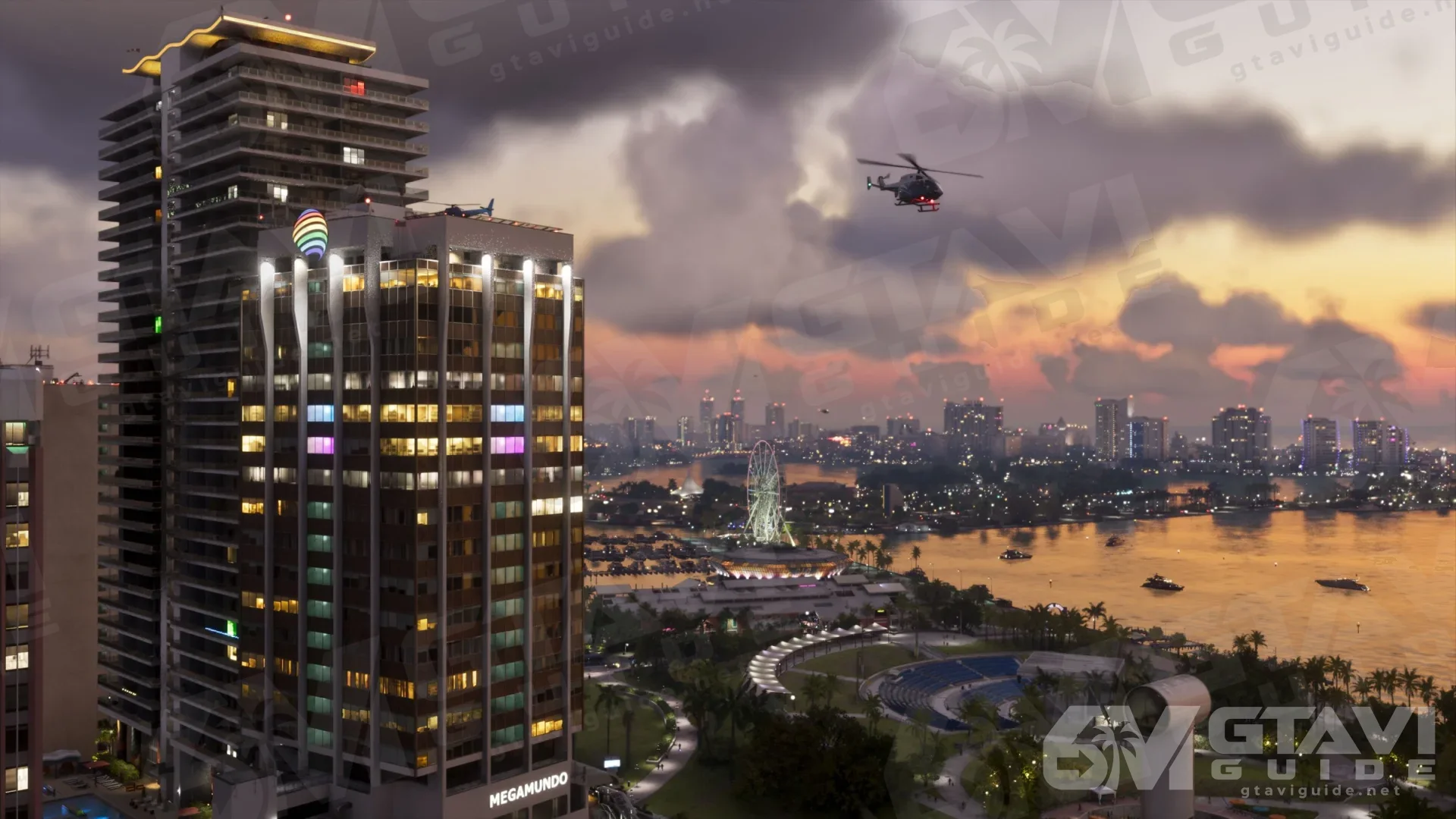 A lit skyscraper at dusk with a helicopter flying overhead and the city beyond