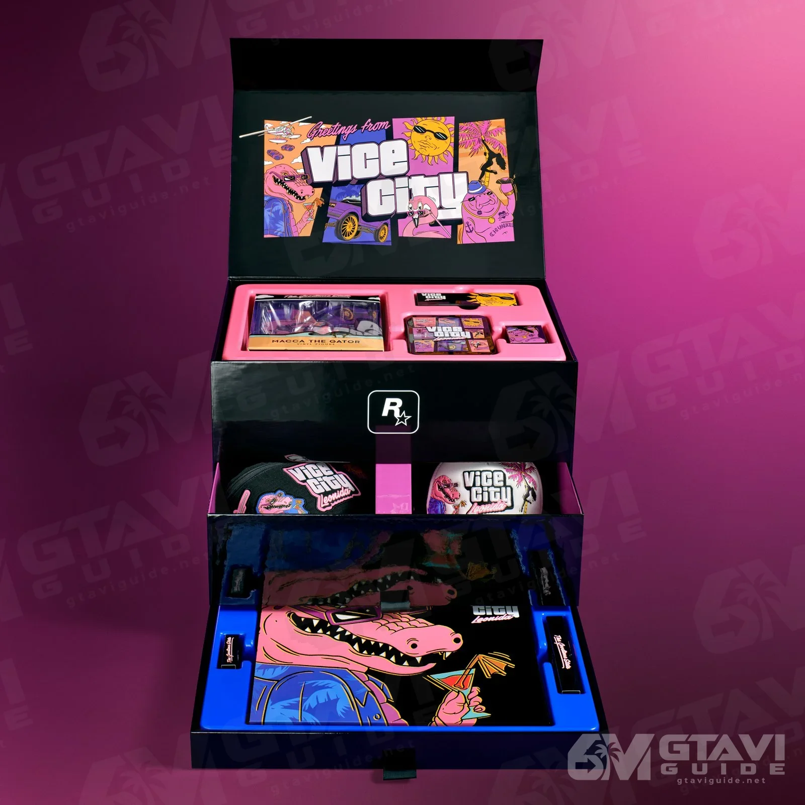 The Vice City Collection box opened, with Vice City art on the lid and the Macca figure box and Vice City hat in its drawers
