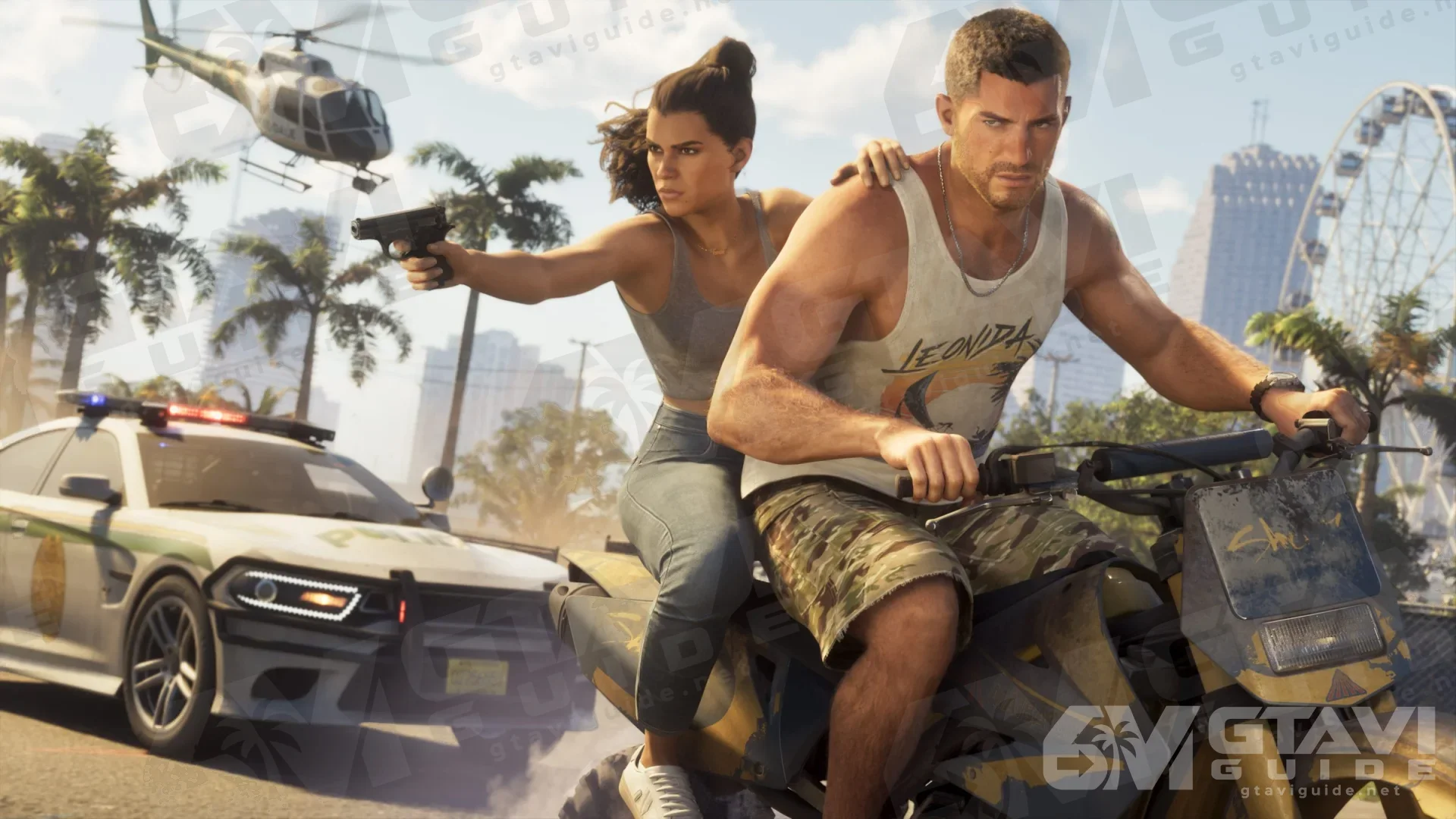 Jason riding a motorcycle with Lucia aiming a pistol behind him, a police car and helicopter close by