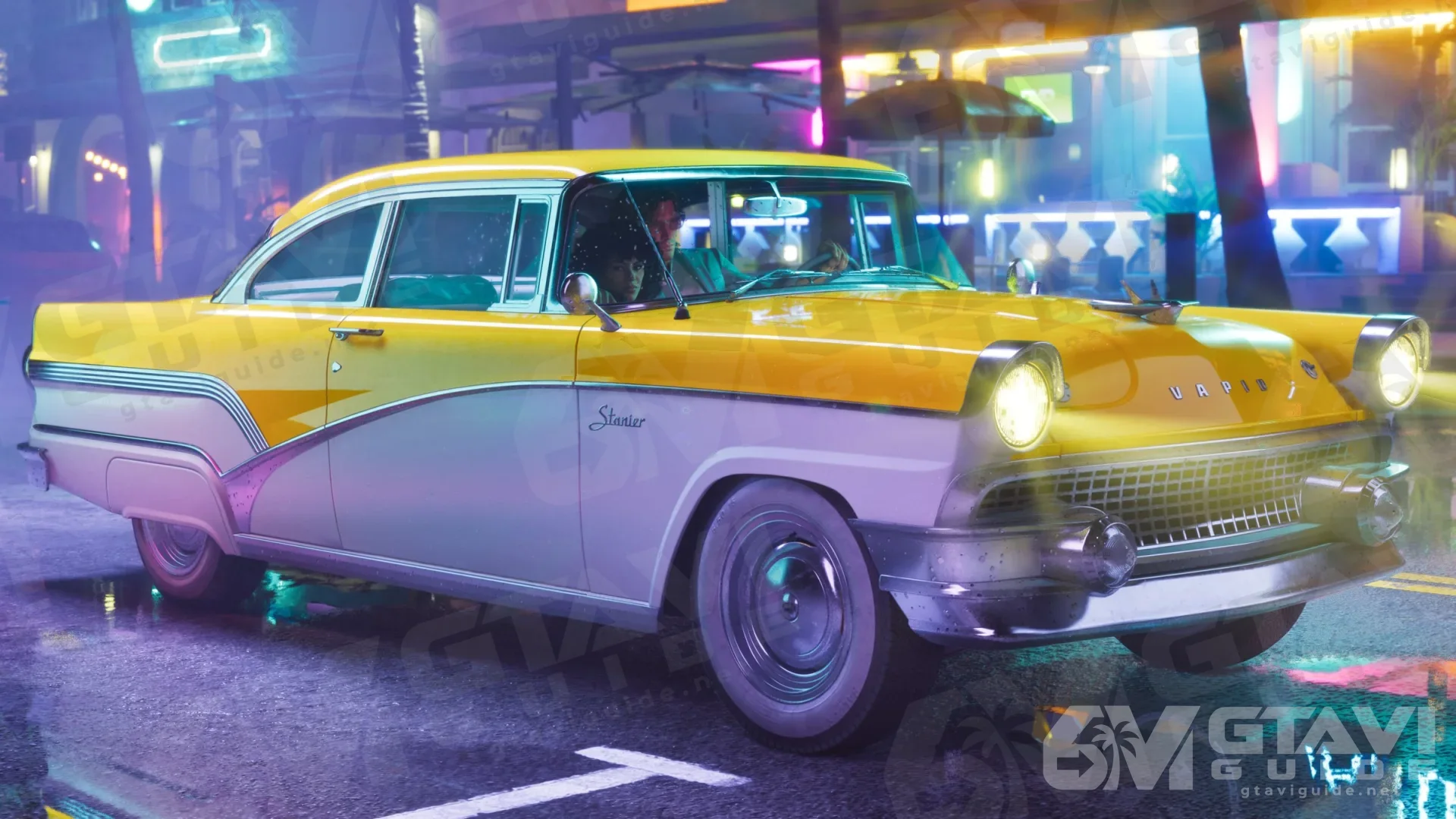 A yellow and white classic Vapid Stanier sedan on a neon-lit street