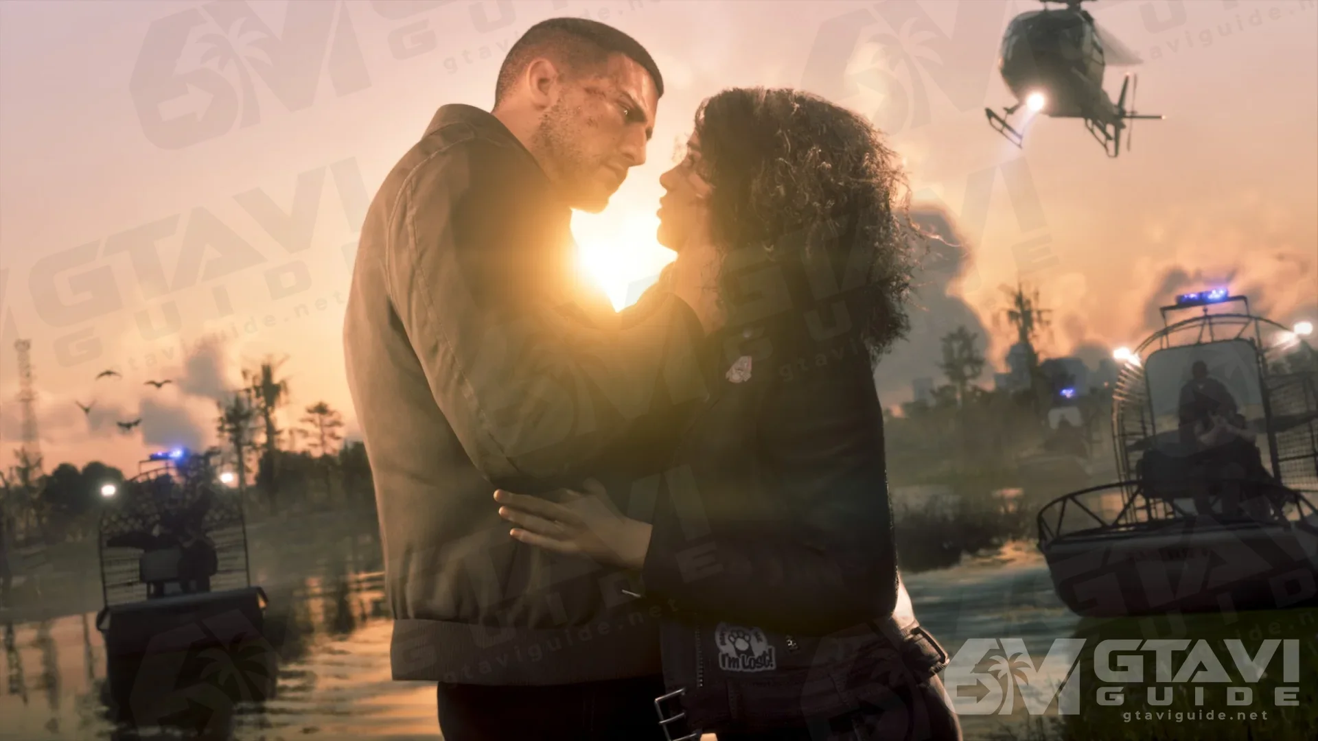 Jason and Lucia embracing in the swamp at sunset, with airboats and a helicopter behind them