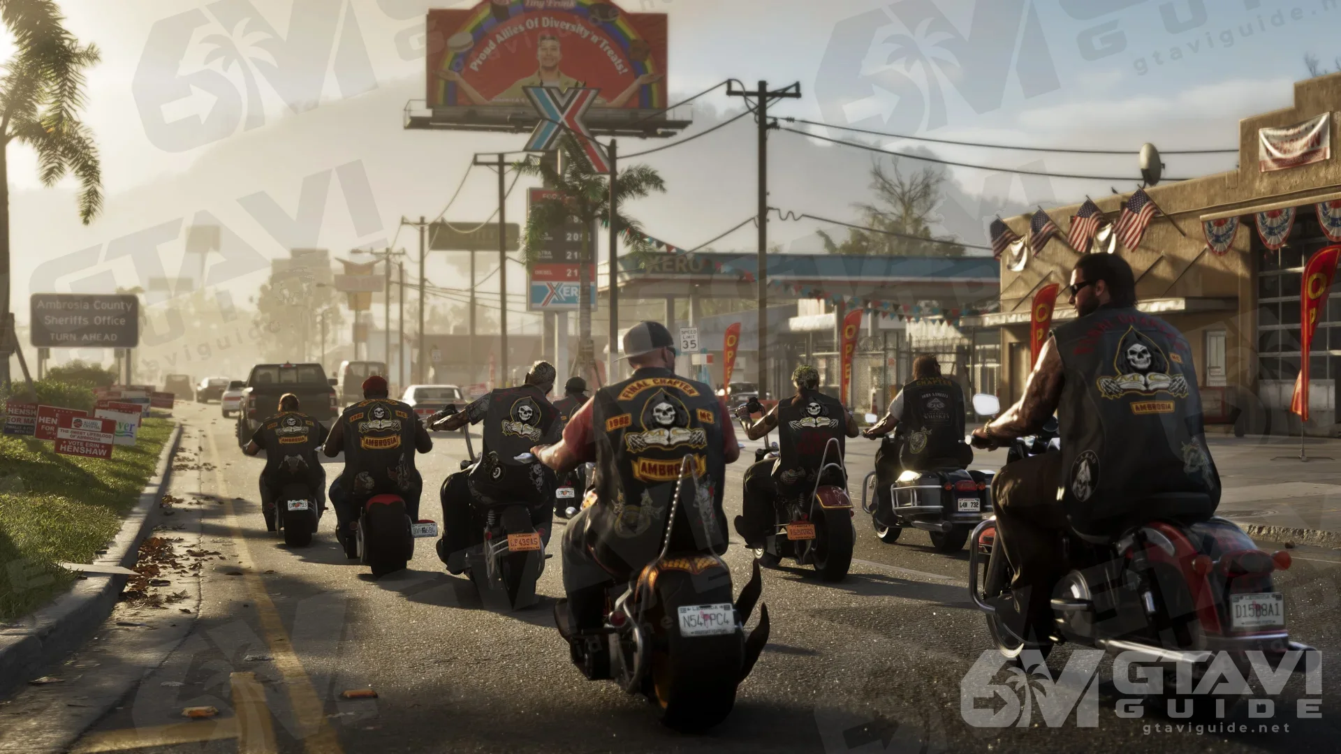 A group of motorcyclists riding along a town street.