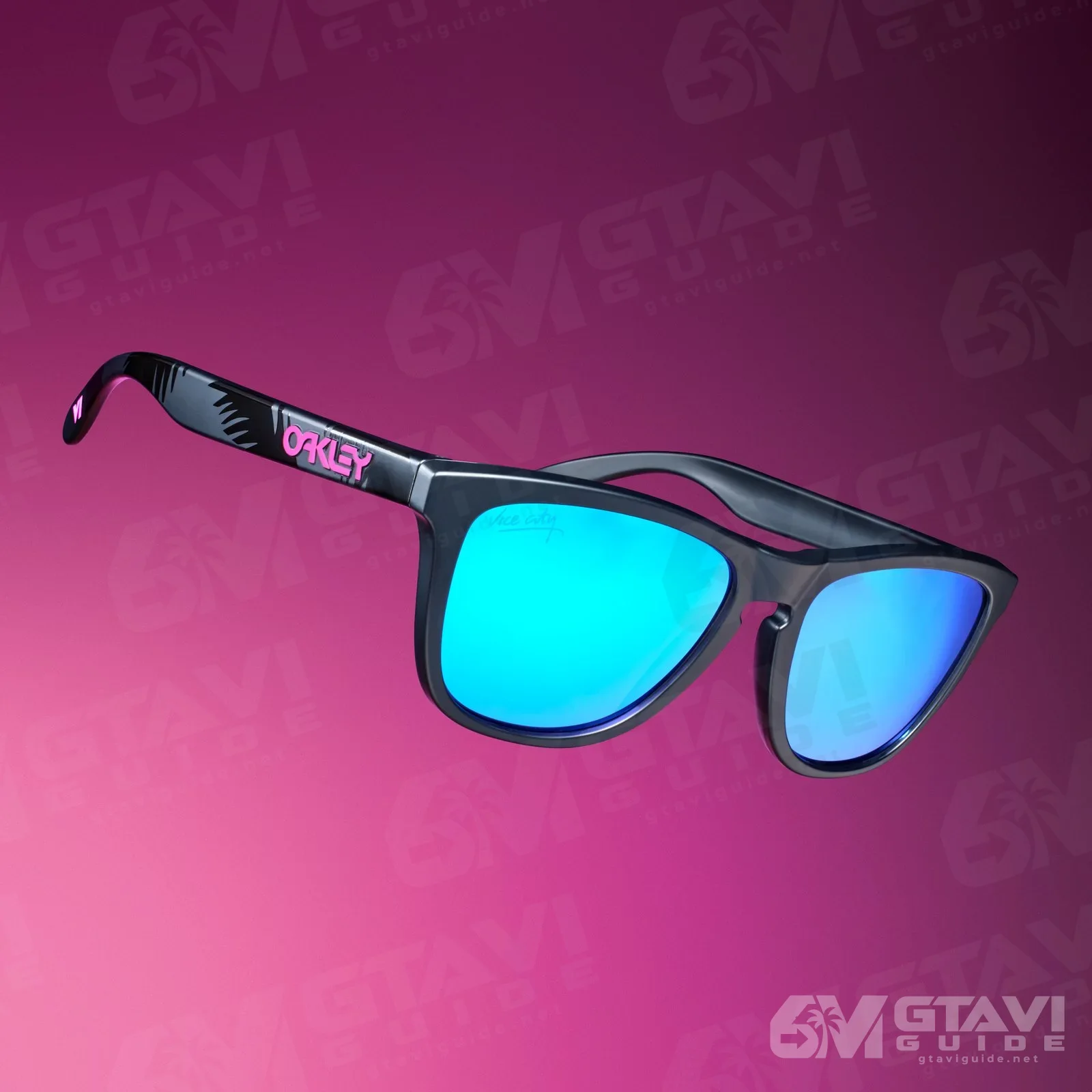 Matte black Oakley Frogskins sunglasses with blue lenses and a pink logo on the arm