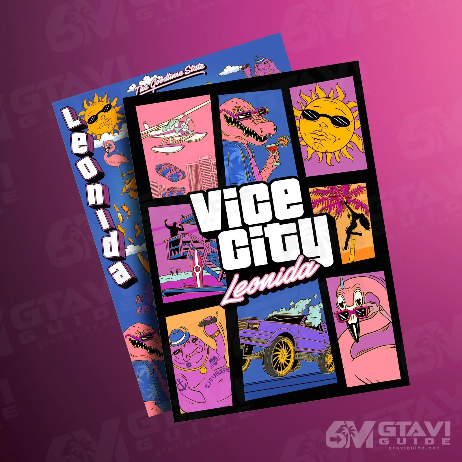 The Vice City Leonida souvenir poster, with panels showing Macca the Gator, Chunkee the Manatee and a flamingo
