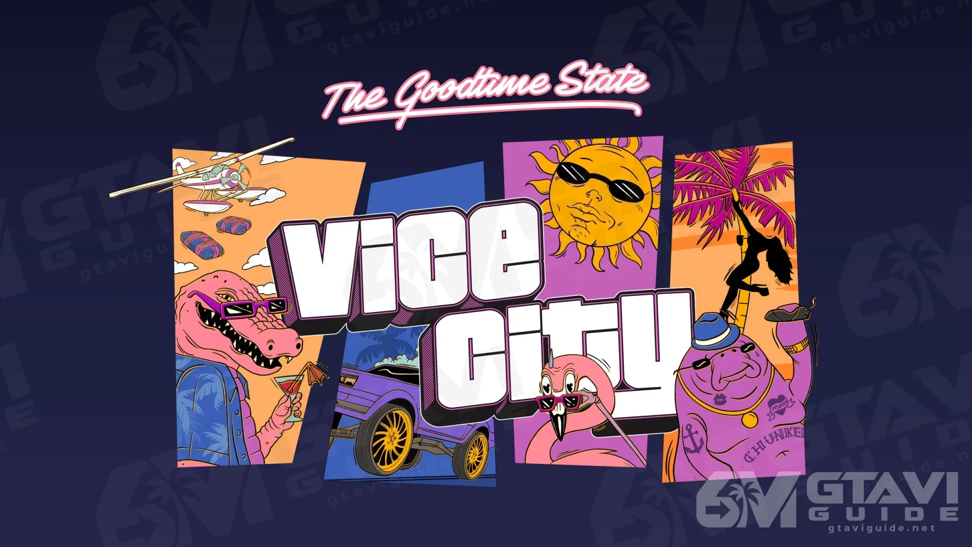 The Goodtime State – Vice City Collection artwork with Macca the Gator holding a cocktail, a sun in shades, a flamingo and Chunkee the Manatee