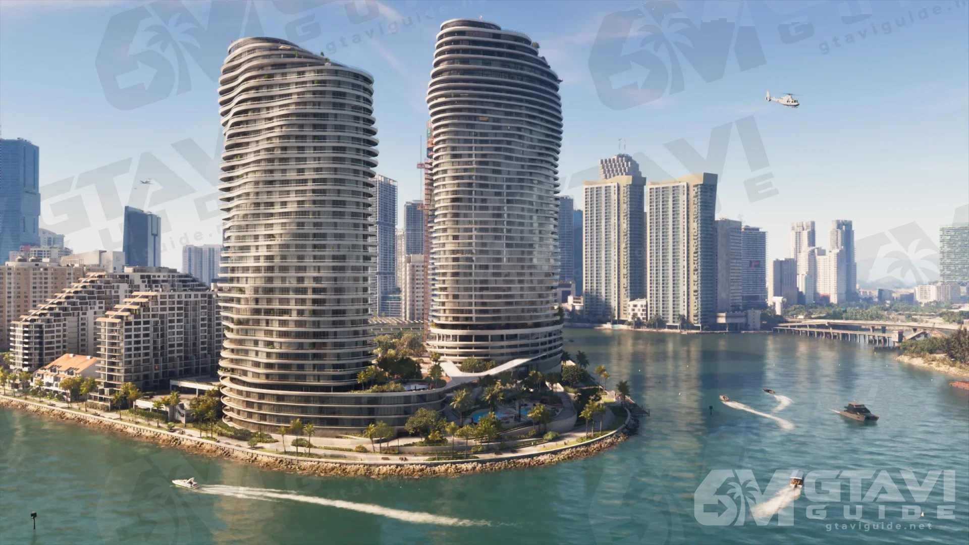 Twin curved towers by the water and the Vice City skyline, with boats on the bay
