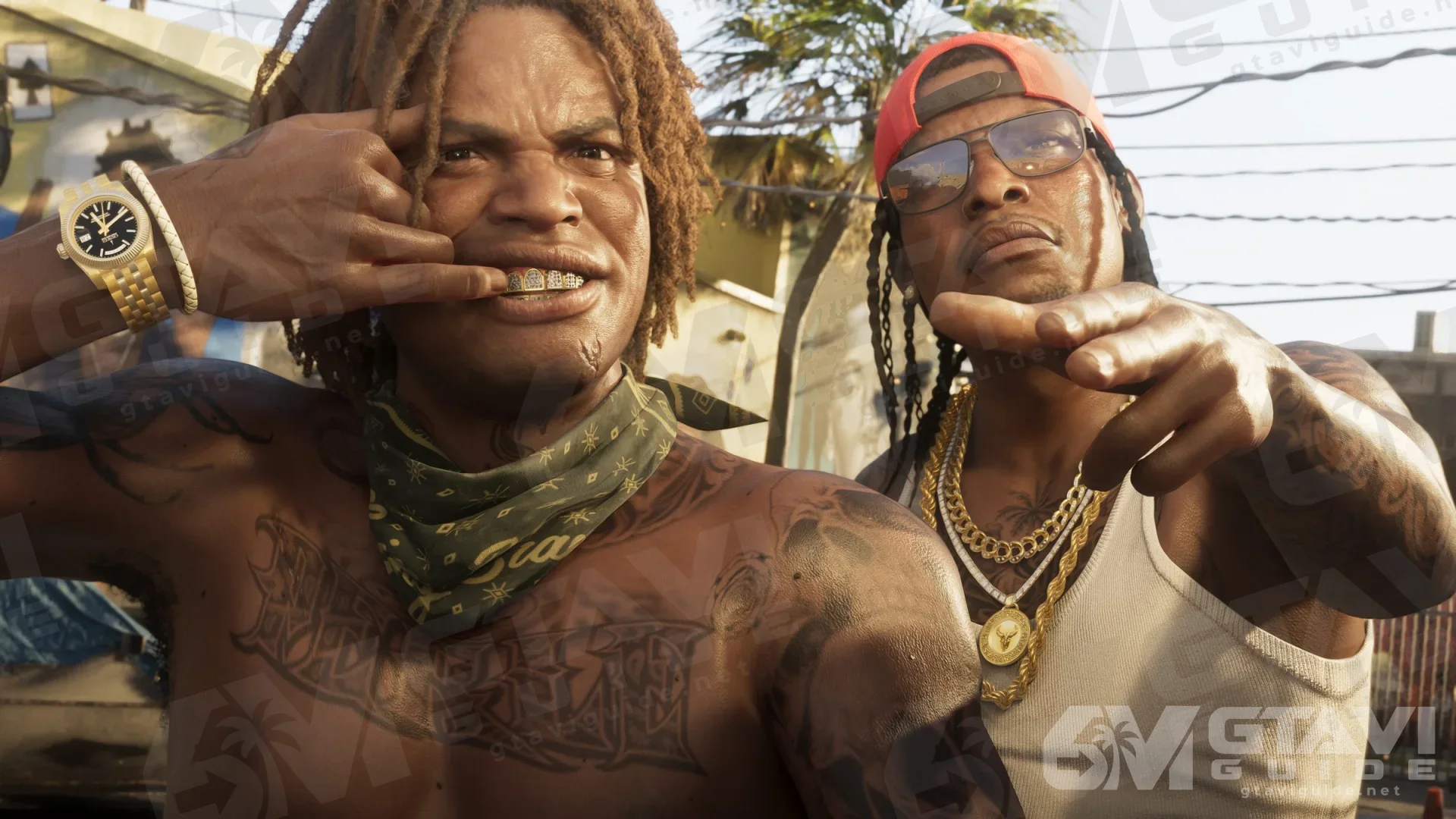 Two men in Vice City throwing hand signs at the camera