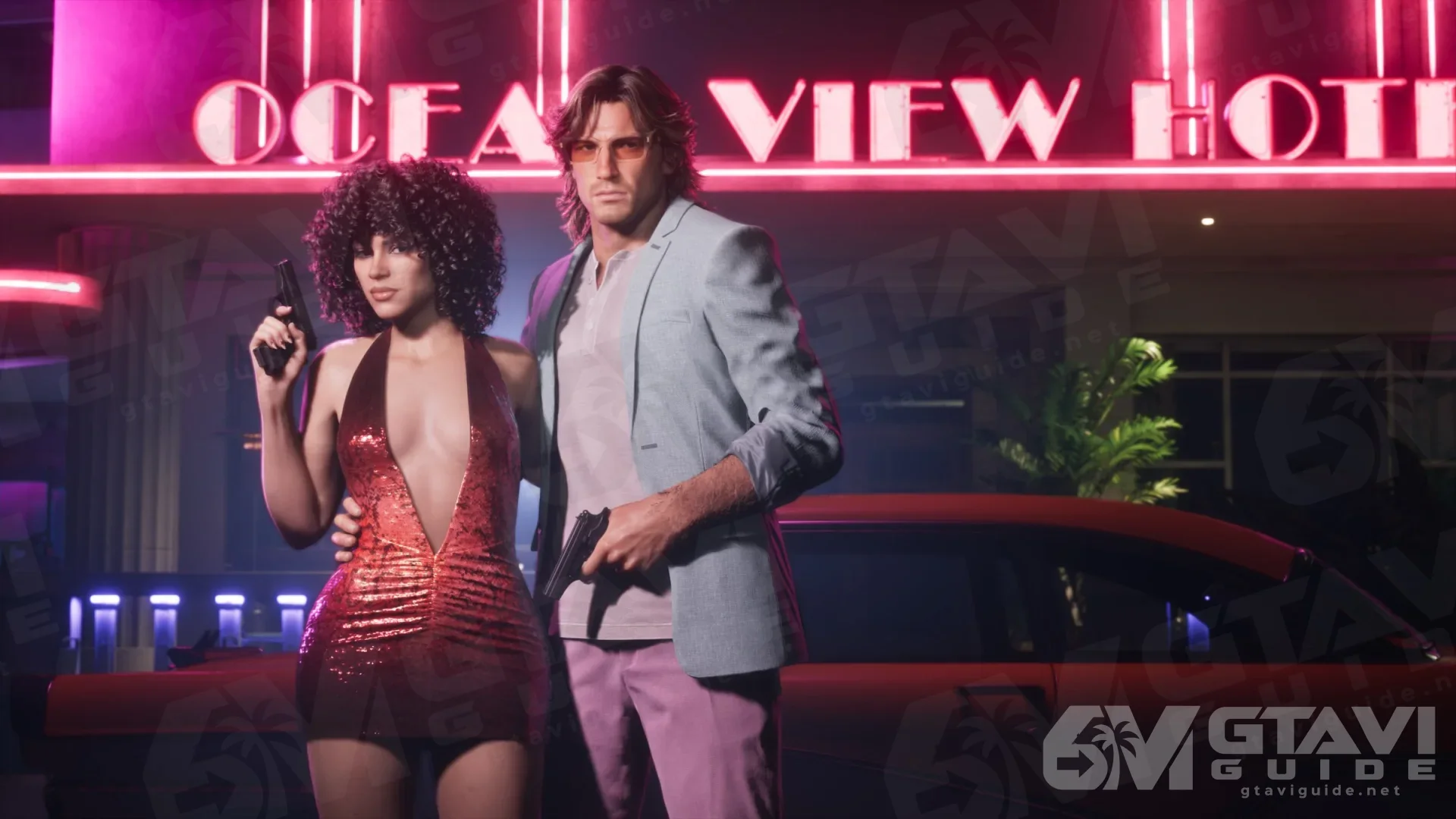 A woman in a red sequinned dress holding a pistol and a man in a grey blazer in front of the Ocean View Hotel sign