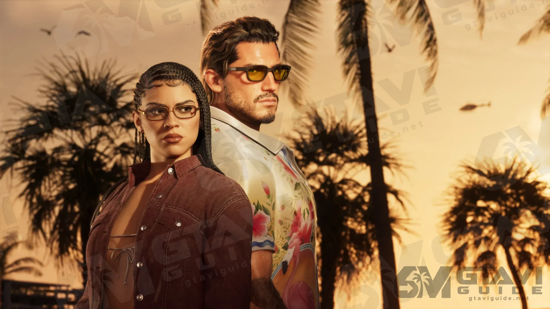 A woman in glasses and a man in sunglasses against palm trees at sunset