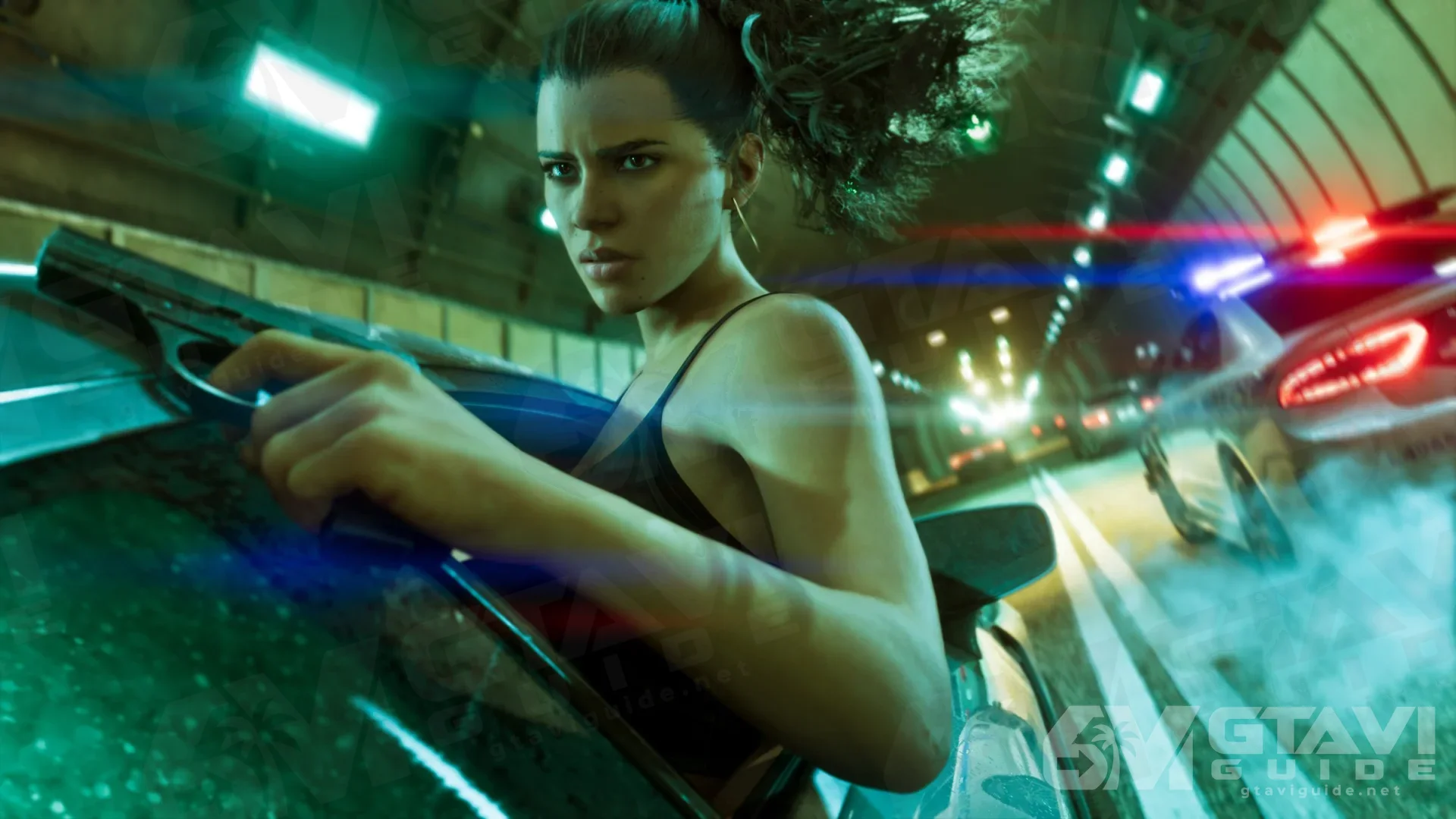 Lucia leaning out of a car with a pistol in a tunnel, police lights behind