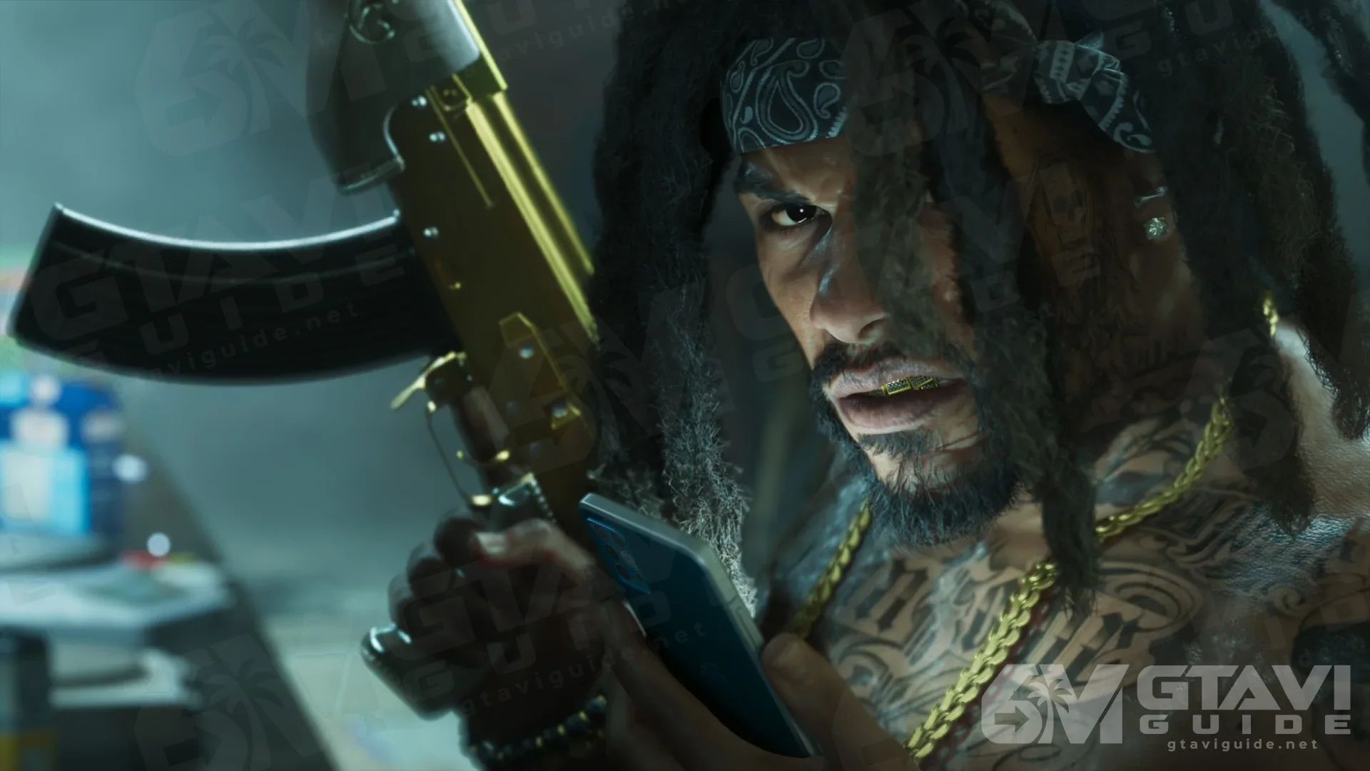 A tattooed man holding a gold-coloured rifle and a phone