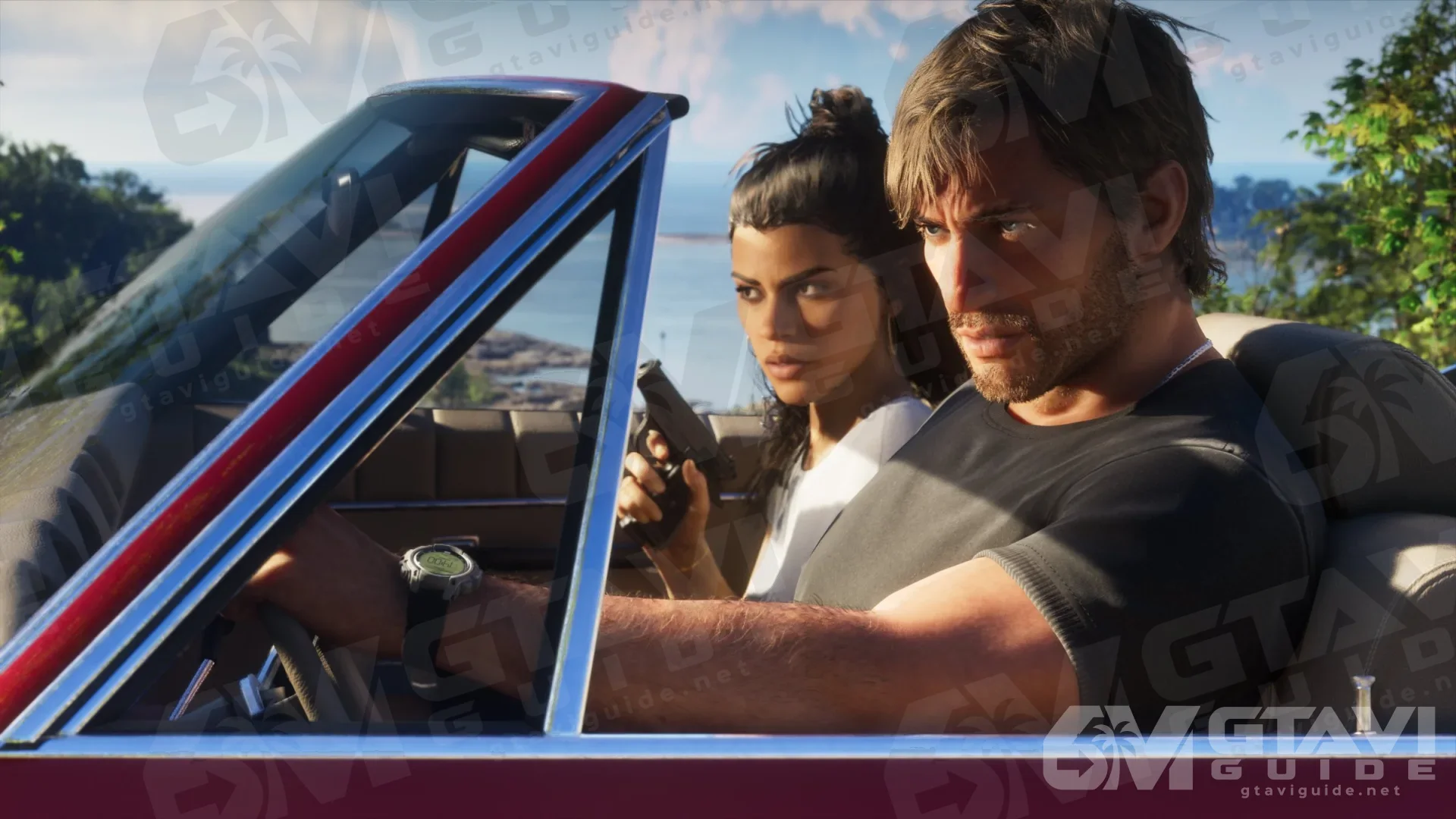 Jason driving a convertible with Lucia holding a pistol beside him