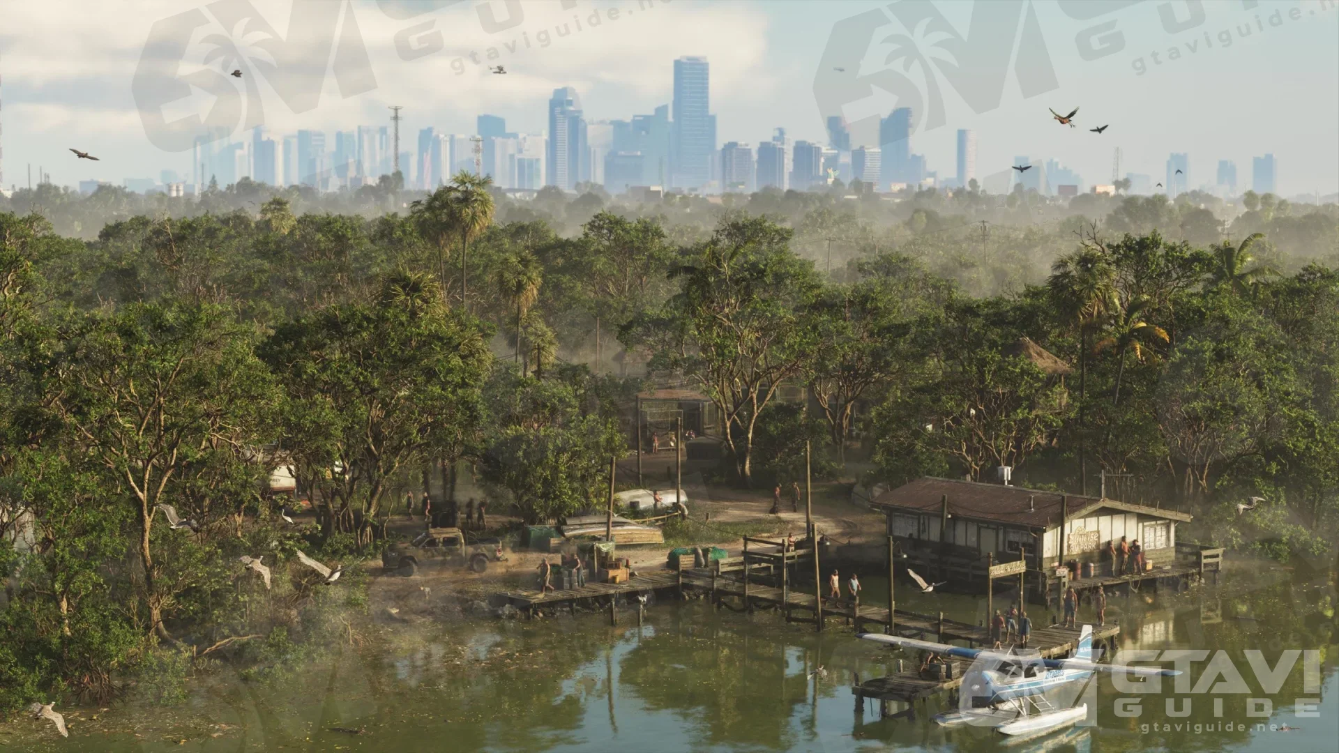 A wooden dock and a seaplane in the Grassrivers swamp, with the city skyline far behind