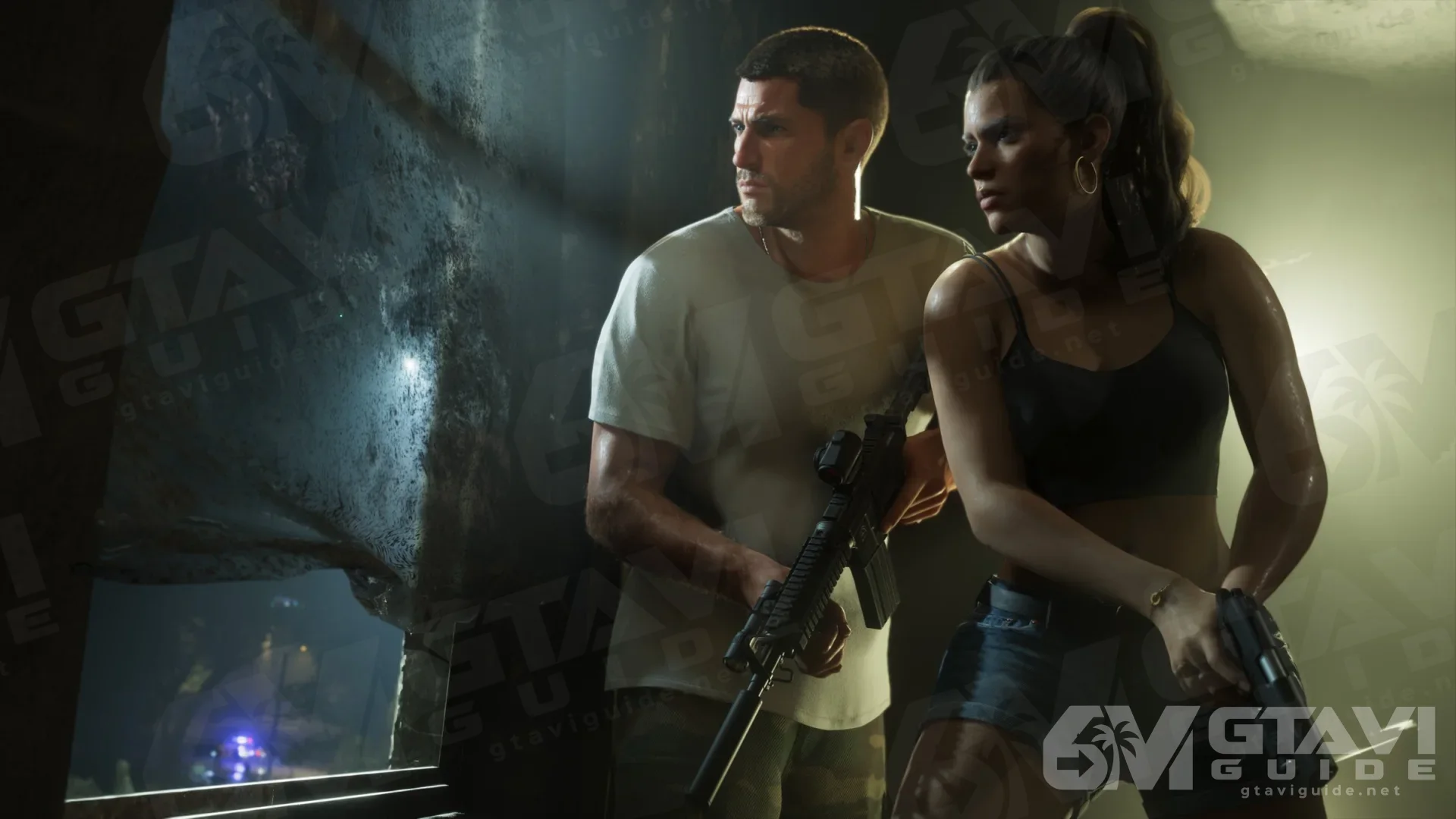 Jason and Lucia waiting with guns drawn in a dark passage
