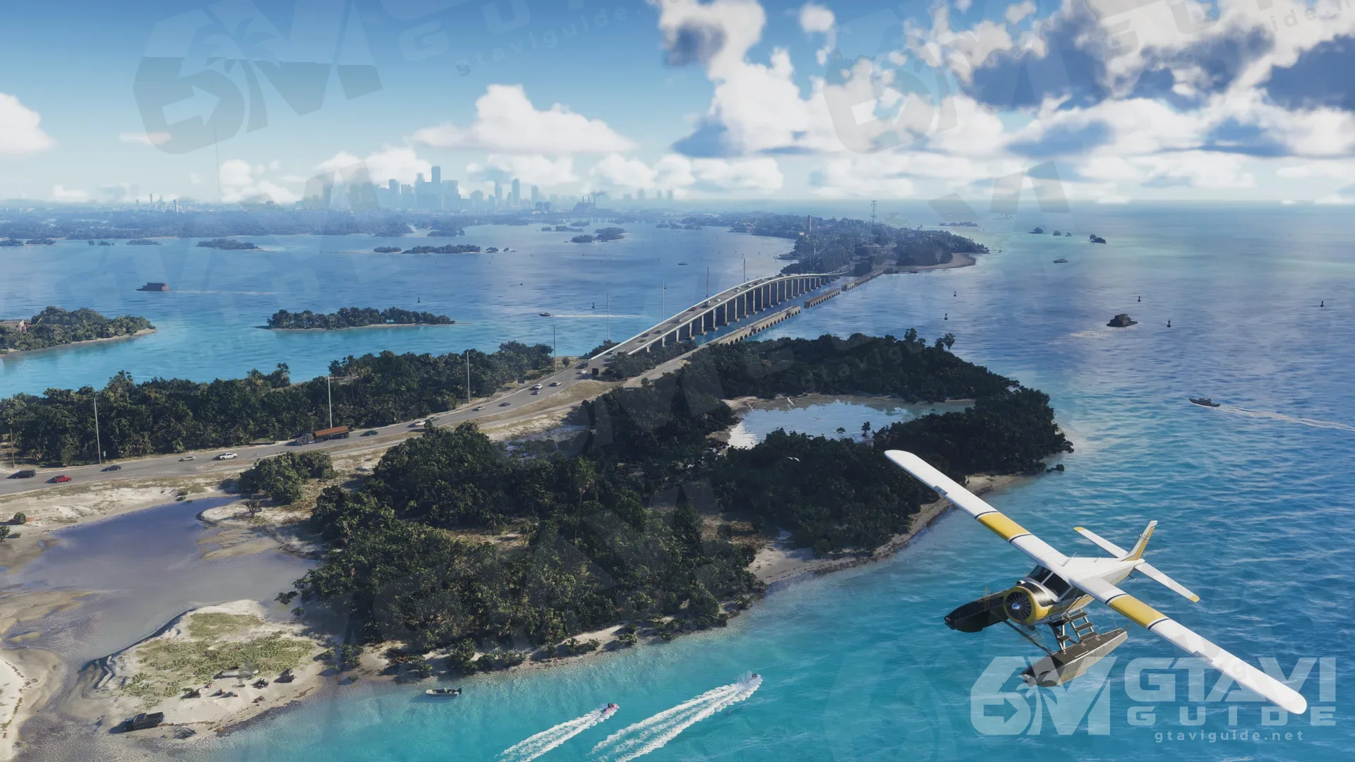 A seaplane above islands and a long bridge.