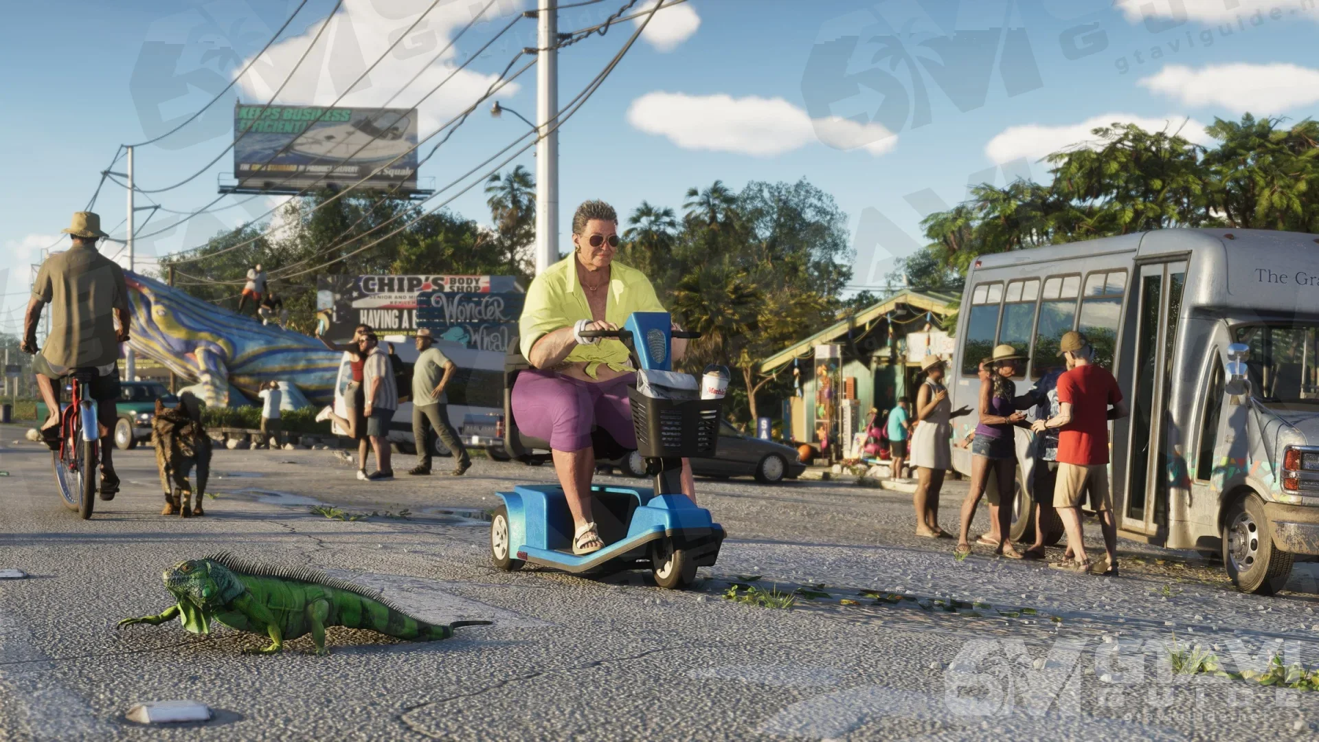 A Leonida Keys street with a woman on a mobility scooter, an iguana on the road and a minibus