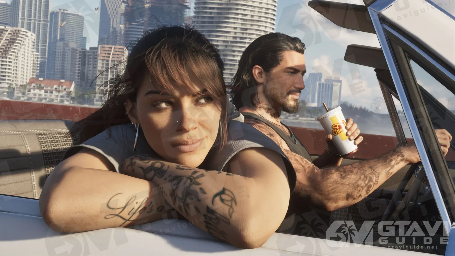 Lucia leaning on the door of a convertible while Jason holds a drink, skyscrapers behind them
