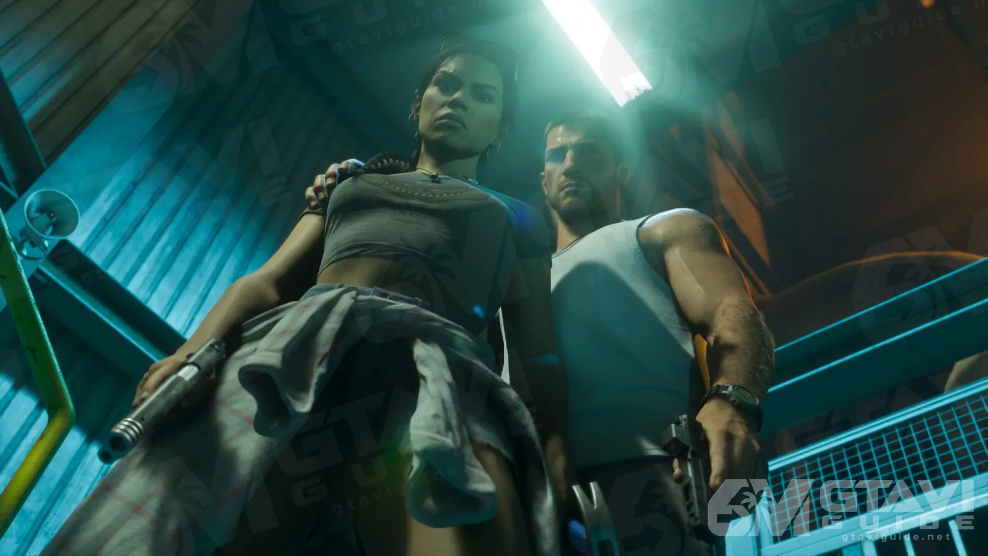 Low-angle shot of Lucia and Jason holding pistols under teal light