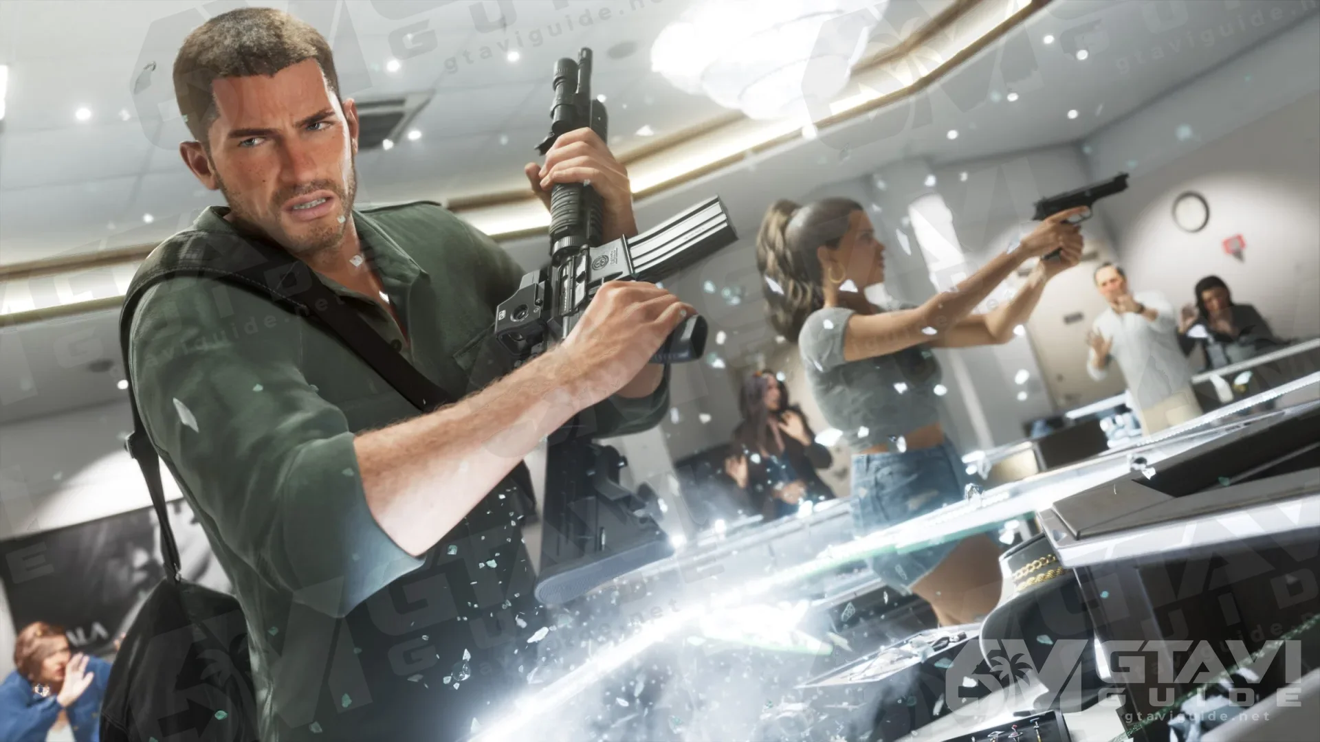Jason and Lucia holding up a jewelry store with guns drawn