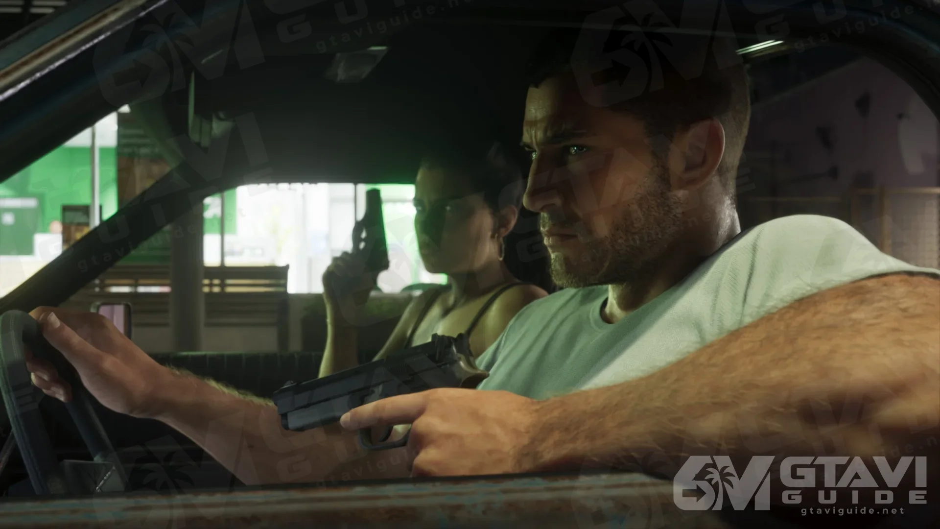 Jason at the wheel with a pistol in his hand, Lucia in the passenger seat