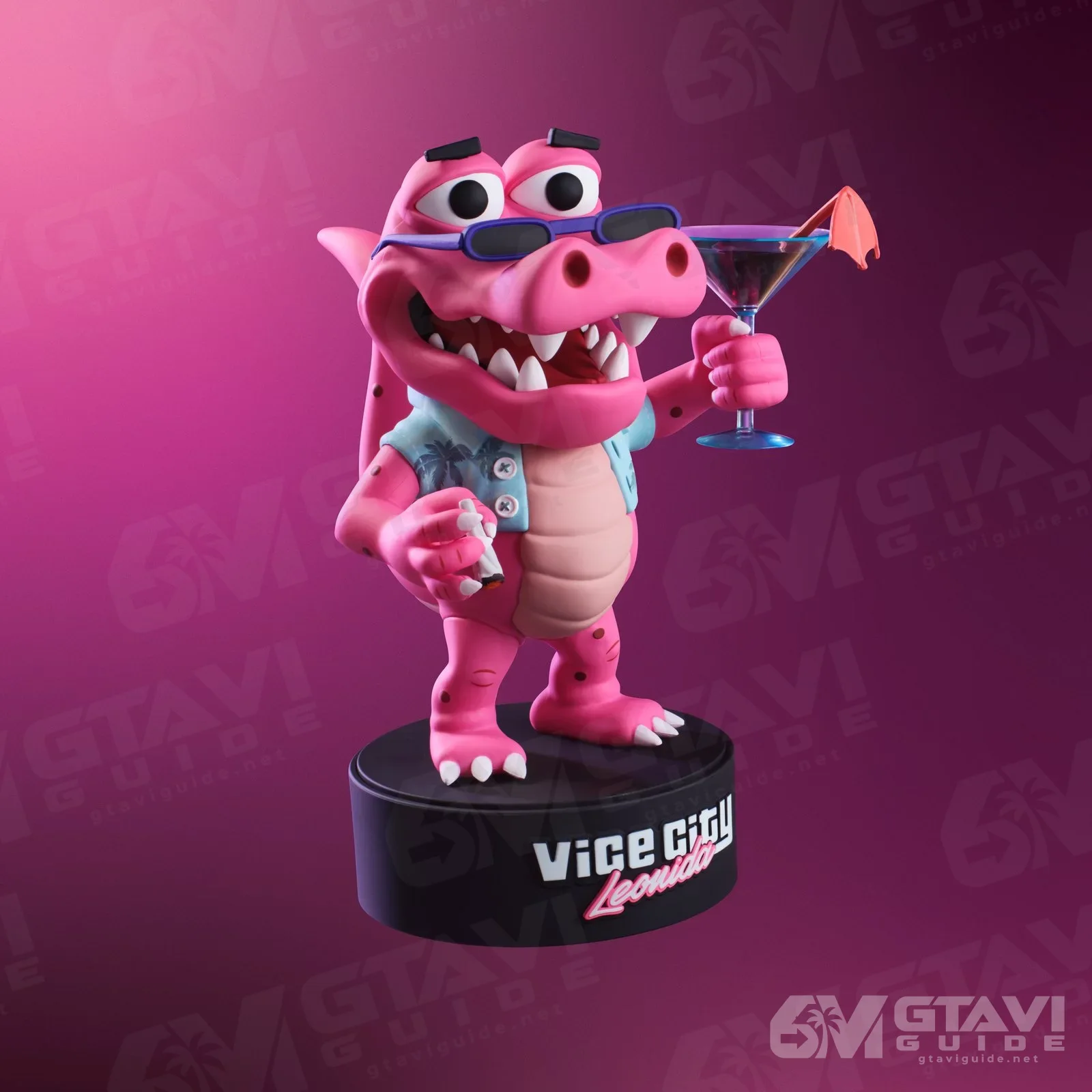 Pink Macca the Gator figure in sunglasses holding a martini, on a black Vice City Leonida base