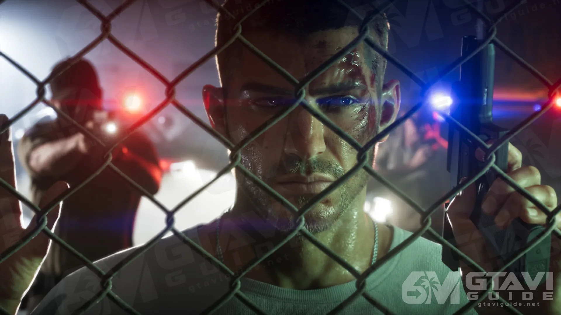 Jason behind a chain-link fence with police lights and armed figures behind him