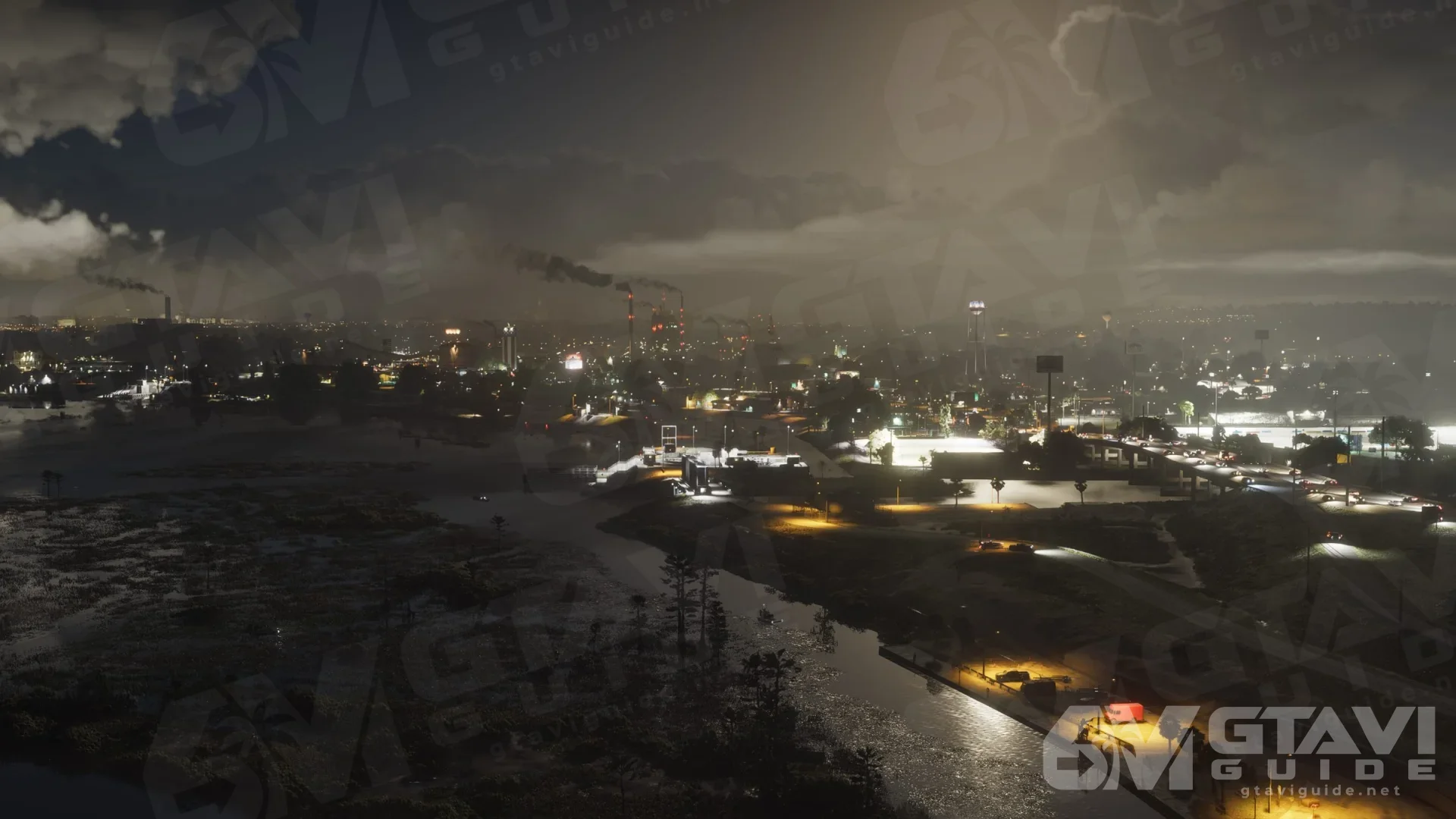 Ambrosia at night, with smoking factories and a lit-up town